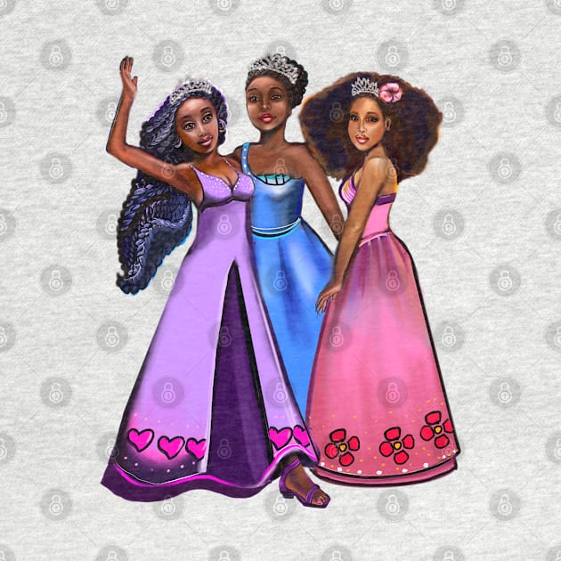 African American princesses waving. The best Gifts for black girls 2022 Three afro princesses  ! beautiful  black girls with Afro hair, brown eyes and dark brown skin. black princess by Artonmytee